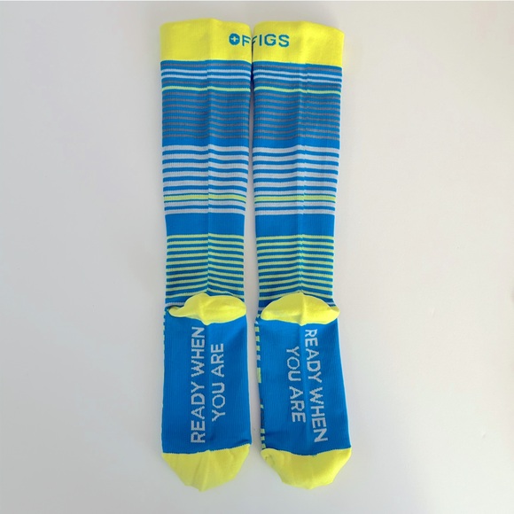 FIGS New Striped Compression Socks Small READY WHEN YOU ARE Blue Bright Yellow - Picture 2 of 3